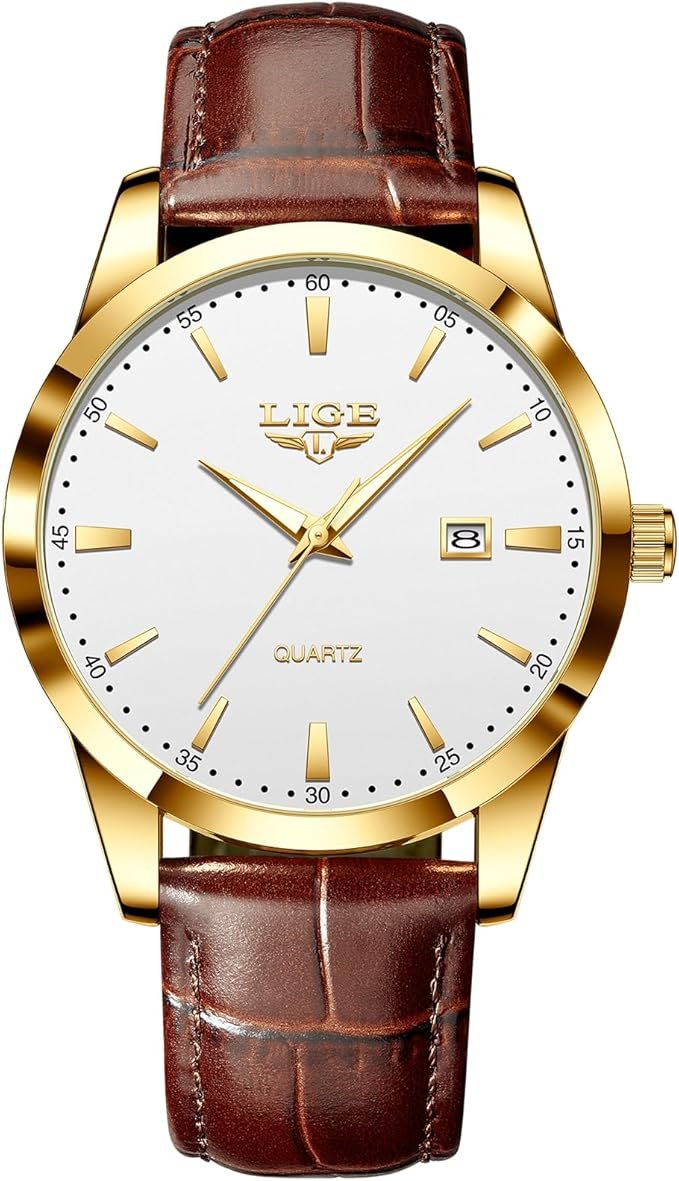 Montre Homme 3ATM Étanche Cuir Quartz Sport Casual Chic Couleur Or Blanc