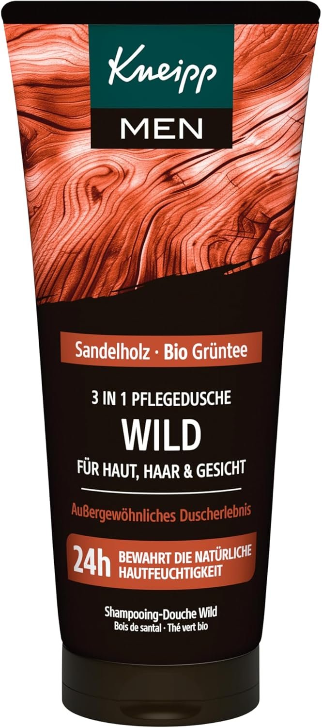 Kneipp MEN Gel douche sauvage 3 en 1 - Bois de santal et thé vert bio - Pour la peau, les cheveux et le visage - Améliore la sensation de la peau - 200 ml