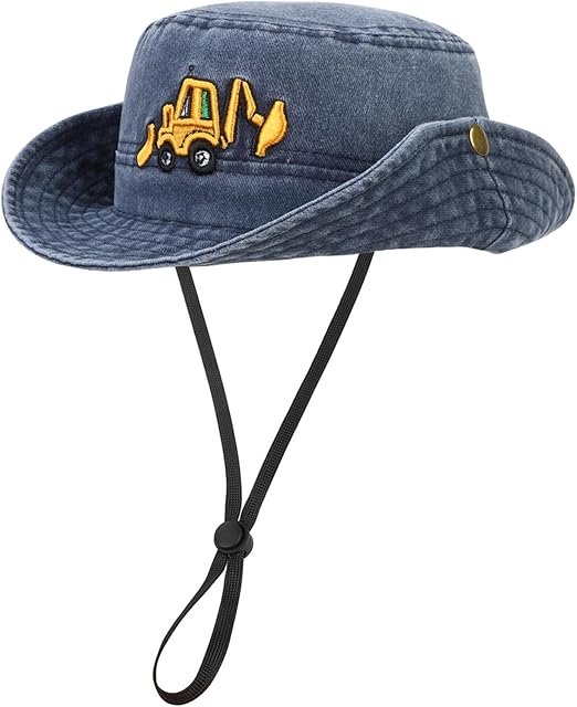 Chapeau de Soleil pour Garçon, Chapeau de Protection Solaire d'Été, Sangle de Cou Réglable et Amovible, Casquette de Cowboy de Pêcheur à Motif d'Excavatrice pour Enfants de 2 à 4 Ans