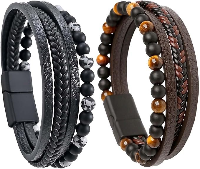 2PCS Bracelet Cuir Homme, Convient pour Cadeau