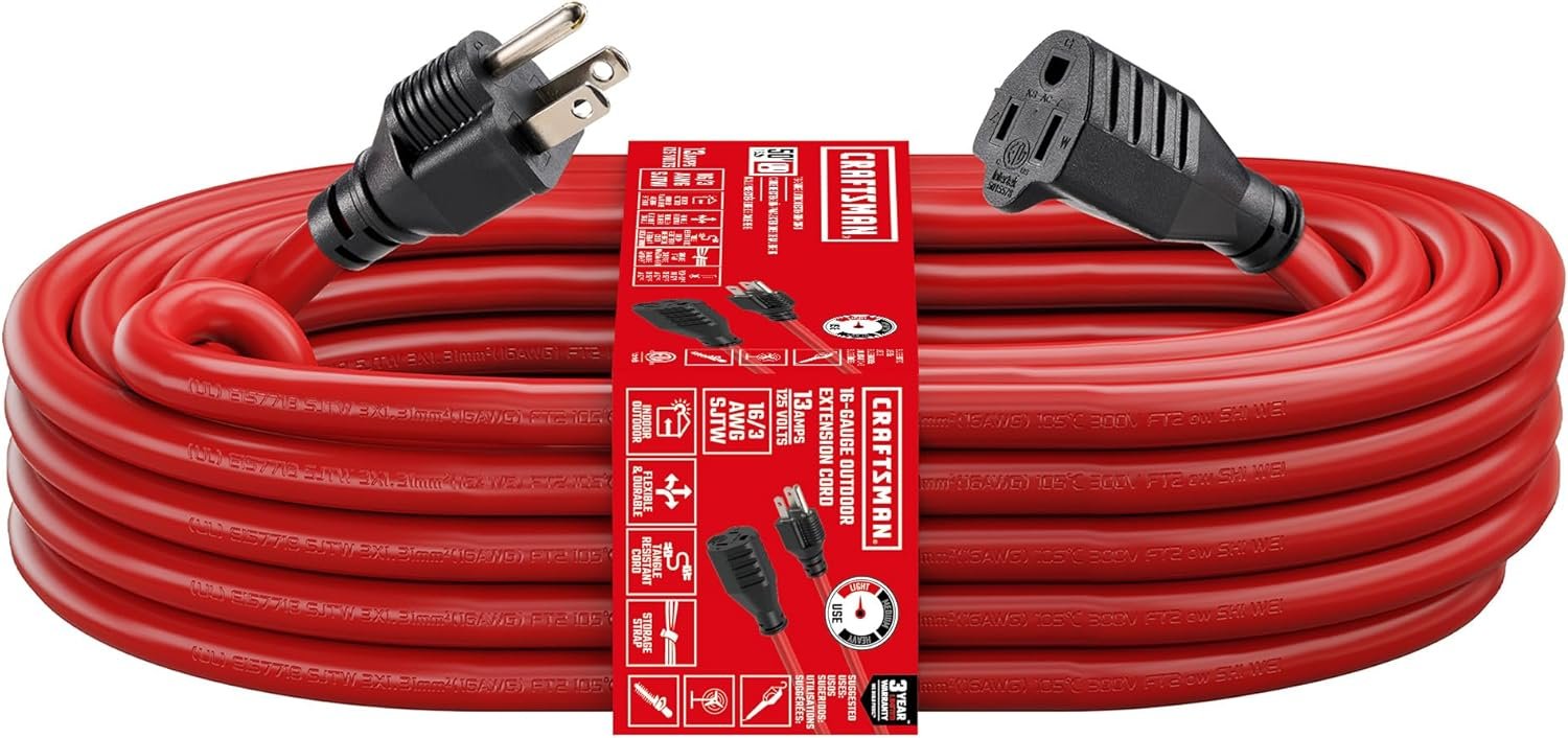 CRAFTSMAN 50 Ft. Indoor/Outdoor Extension Cord 16/3 SJTW, Waterproof Flexible Power Cable with 3-Prong Plug, 13A/1625W/125V, Heavy-Duty Contractor Cord, ETL Certified