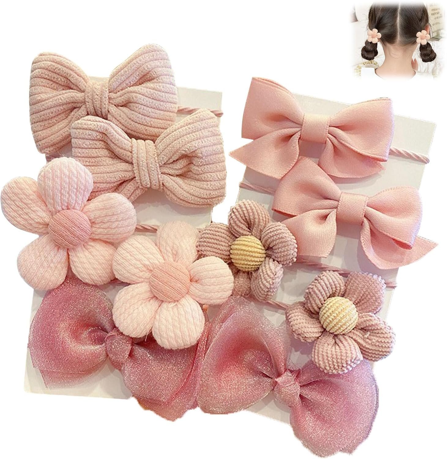 Lot de 10 chouchous à cheveux mignons pour filles avec nœuds pour cheveux rose et motif floral, joli ensemble d'accessoires pour cheveux pour bébé et enfants