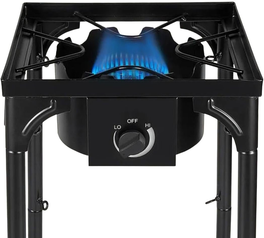 Réchaud à Gaz 1 feu 4500W 4 Pieds modulables 3 Hauteurs Bruleur en Fonte - Cuisine Extérieure 40 x 40 x H78cm Allumage Piezo