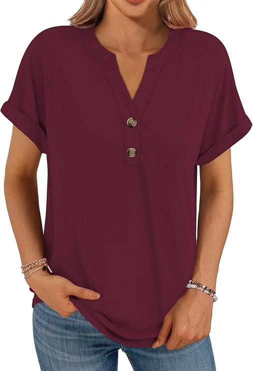 Tee Shirt Femme Col V avec Boutonnés Été Décontracté à Manches Courtes Élégante