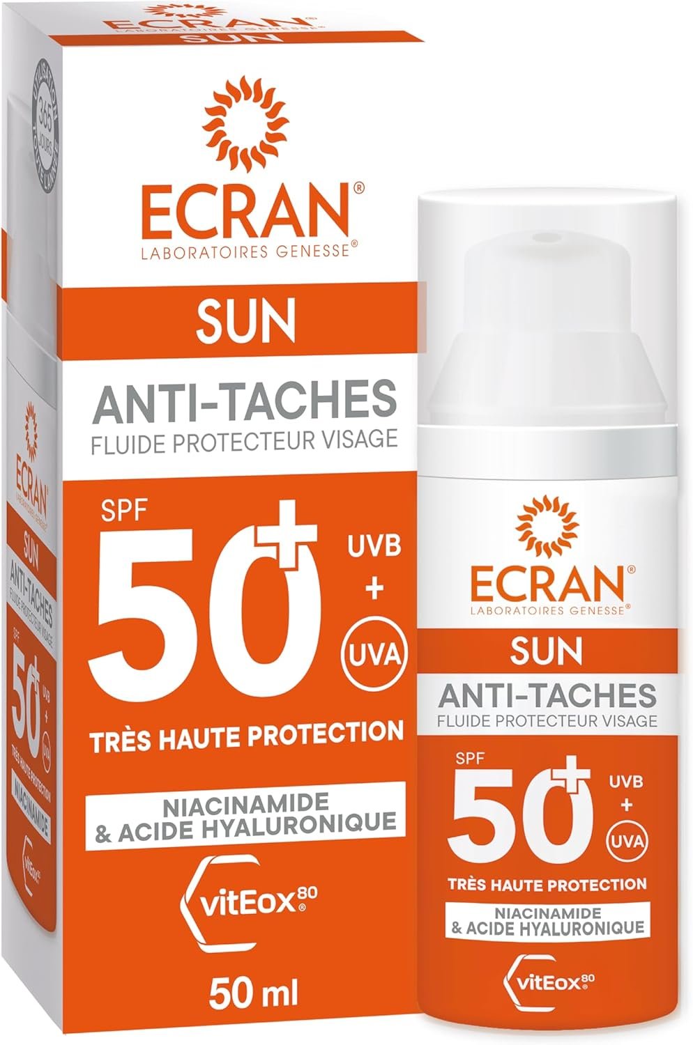 Crème Solaire Visage - Haute Protection - Technologie vitEox80 - Vitamine E - Niacinamide - Protection UVA, UVB, Coups de Soleil - Protection Solaire SPF50+ - Bronzage Naturel - Anti Taches