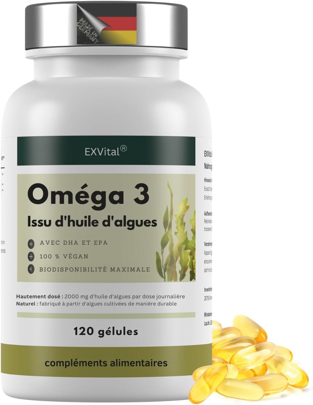 Oméga 3 à base d'huile d'algues, végétalien, 120 gélules, 2000 mg, 600 mg de DHA et 300 mg d'EPA par jour, issu d'algues durables, hautement dosé et testé en laboratoire - Complement Alimentaire