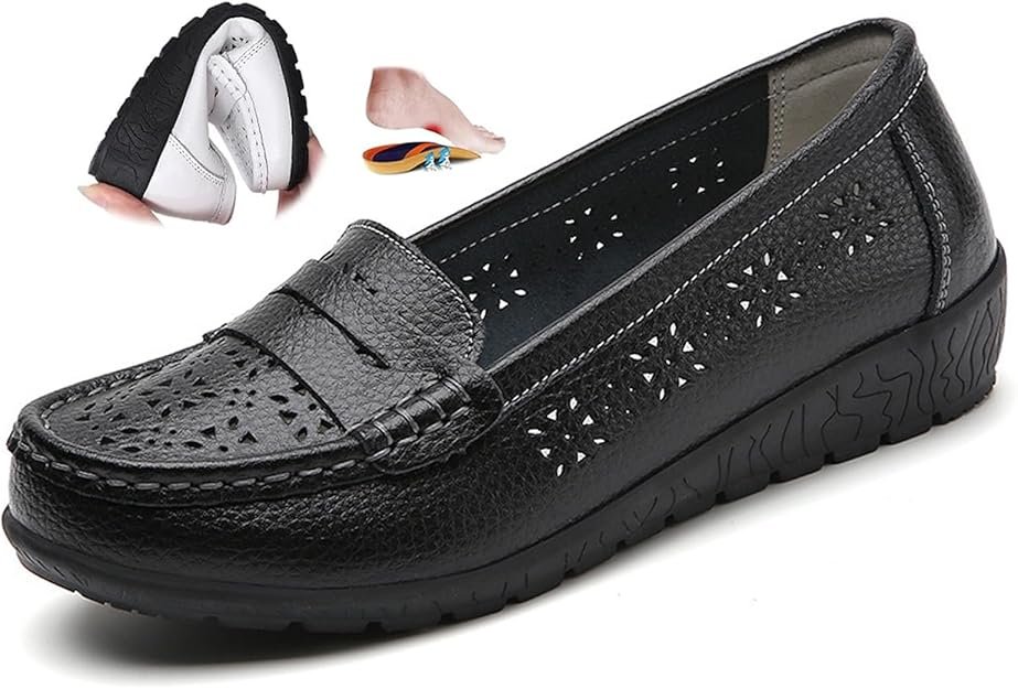 Mocassins orthopédiques pour femme en cuir respirant, large coupe mocassins classiques, mocassins de conduite, travail, chaussures d'allaitement
