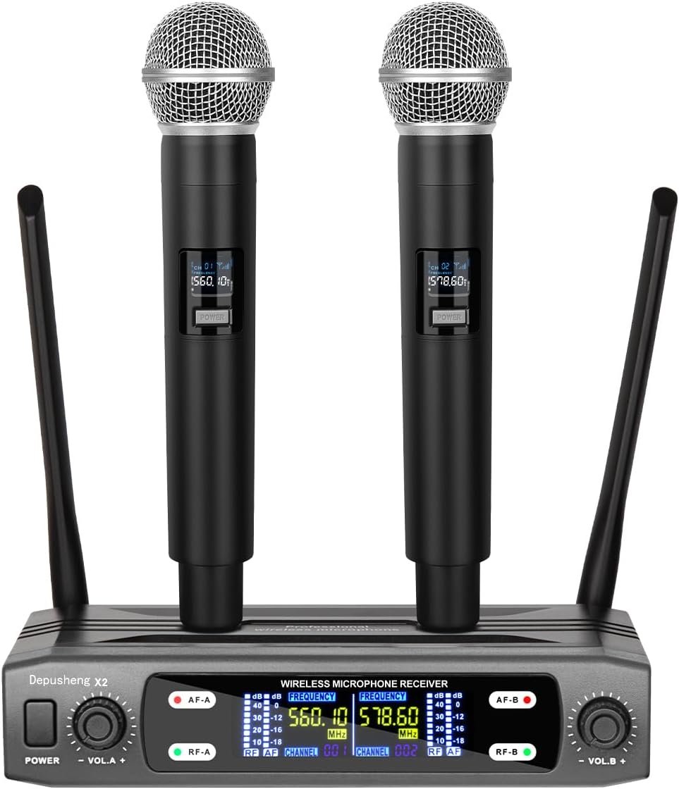 Système de Microphone Sans Fil, Ensemble Sans Fil VHF avec Fréquence Double Fixe et 2 Émetteurs Portables Dynamiques, Ensemble de Microphone Sans Fil pour Chant, Karaoké, Église, DJ, Portée