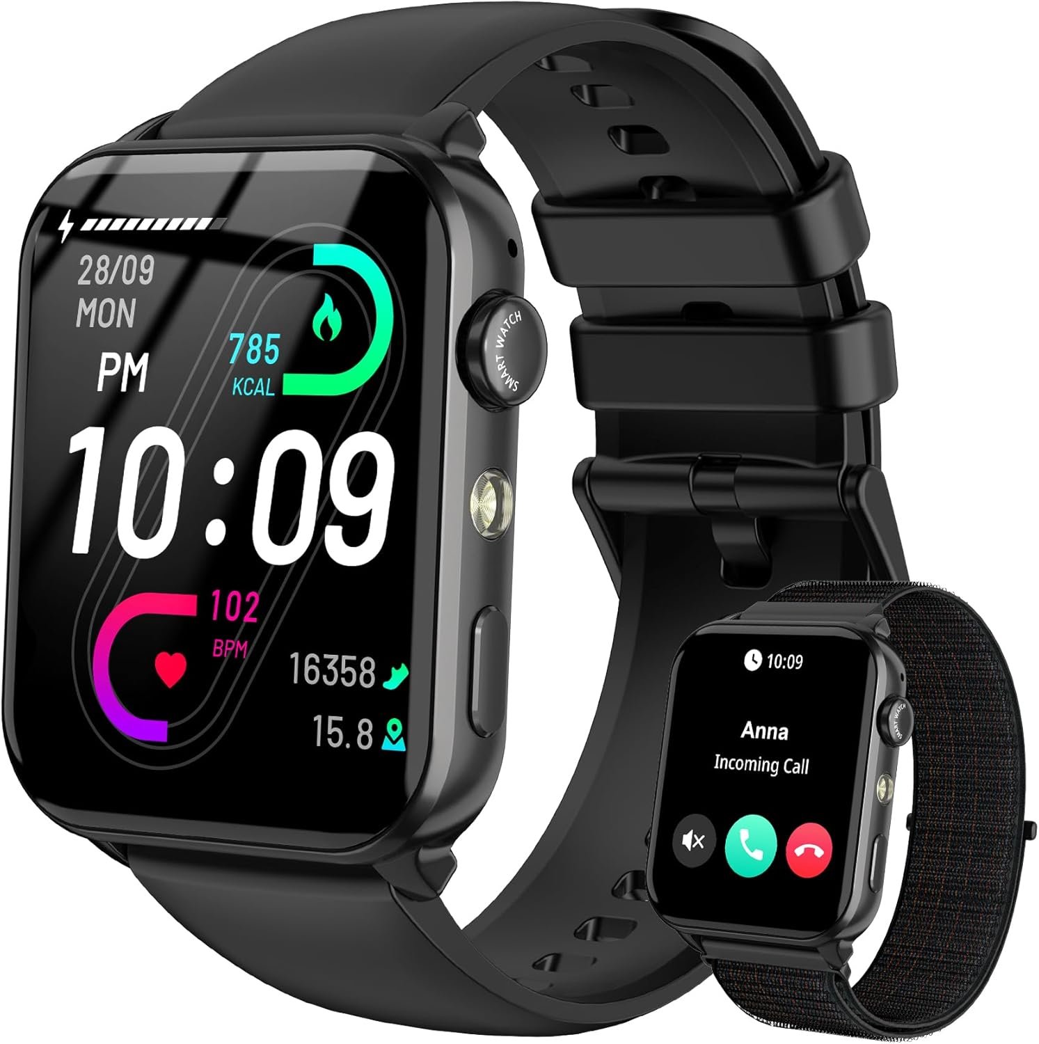 Montre Connectée Garçon 2025 | Appel Bluetooth & Voyants LED | Surveillance Fréquence Cardiaque et du Sommeil | Batterie de 350 mAh | Autonomie de 6+ Jours | Deux Bracelets