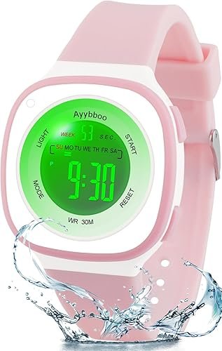 Montre Enfant,7 Lumières de Couleur Montre pour Fille Garçon,Montre Digitale Enfant pour Enfants avec Motif de Chat,3ATM Etanche/Quartz/Bracelet Souple pour 4-12