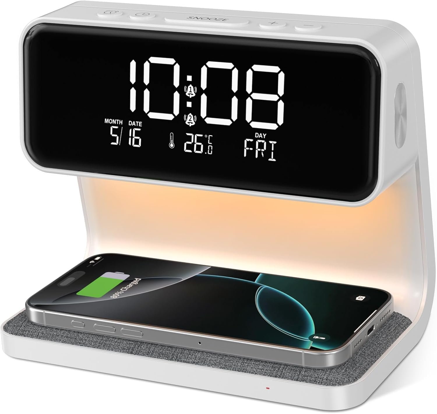 Reveil Matin Chargeur sans Fil 15W, Réveil Digital Température Reveil Lumineux avec Variateur Tactile, 2 Alarme, Snooze Réglable, 12/24H, pour Ado/Adultes/Enfant
