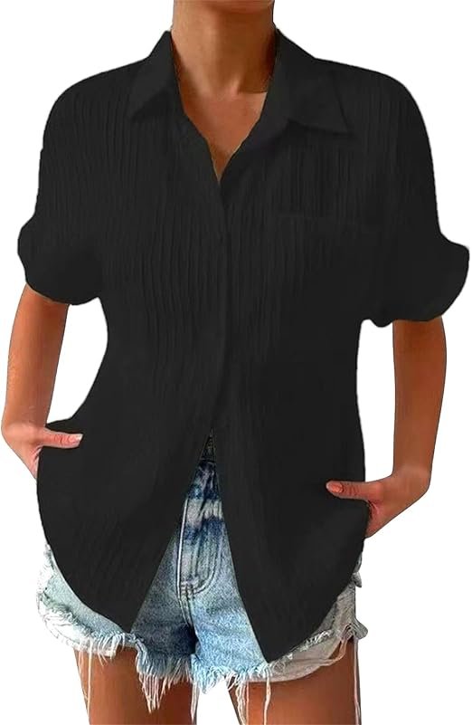Chemise décontractée à col Texturé pour Femme Chemises de Travail texturée boutonnée Chemise à Manches Courtes avec Poches à col en V