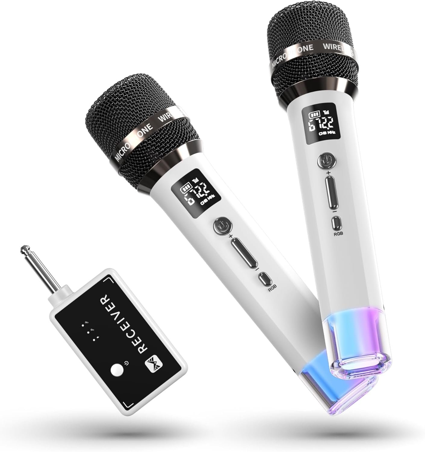 Micro sans Fil, Micro avec Connexion à Puce individuelle et lumières LED, autonomie de 40 h, portée de réception de 60 m, contrôle du Volume, Karaoke pour Chant, Youtube/TikTok