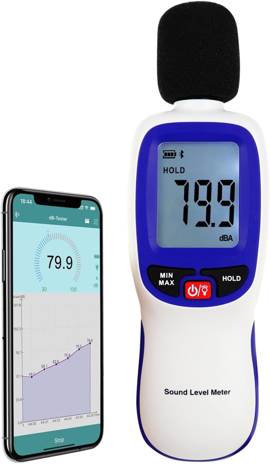 Sonomètre professionnel Bluetooth avec mémoire de 20 000 mesures, fonctions Max/Min/Hold et alarme, mesure précise du bruit en dBA, écran LCD rétroéclairé pour maison, bureau et industrie.
