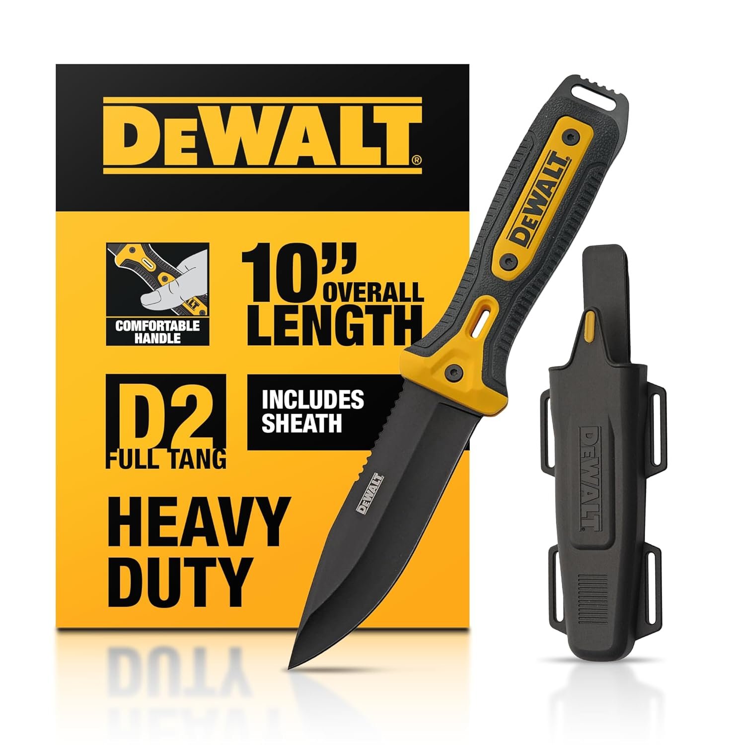 DEWALT D2 Steel Fixed Blade Knife – Full Tang EDC Utility Knife with Sheath, Heavy-Duty Work Tool