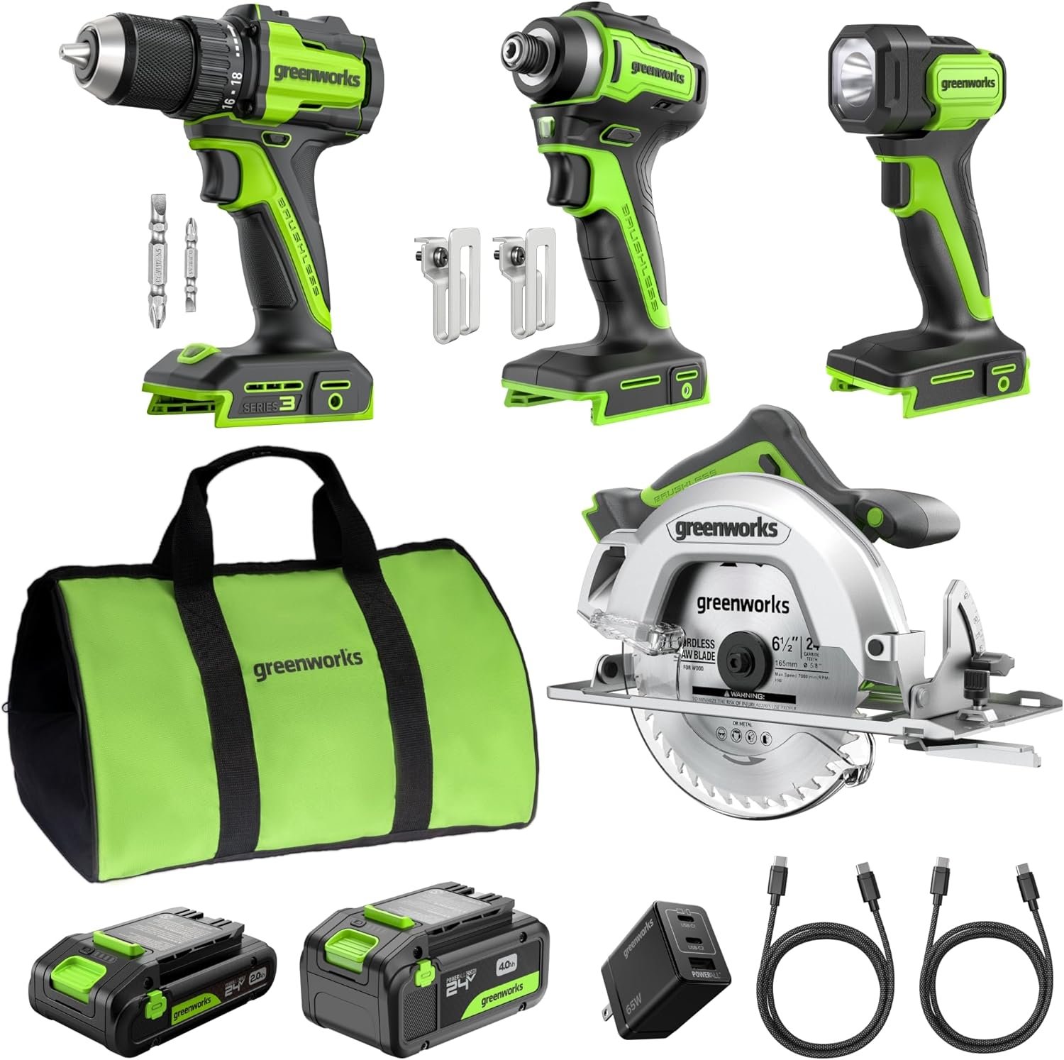 GREENWORKS 24V Combo (1/2” Drill + 1/4” Impact Driver + 6.5” Circular Saw + 200Lm Flashlight), 4.0Ah + 2.0Ah Batteries (24,000mAh PB), (2) Braided Cables, 65W Rapid Charger,High-Efficiency