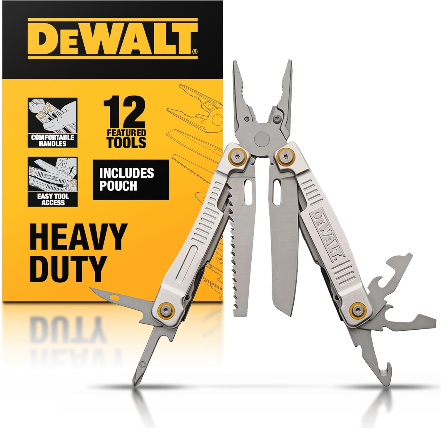 DEWALT 12-in-1 Multitool with Pliers, Knife, Saw, Screwdrivers, Bottle & Can Opener – Stainless Steel Folding Pocket Tool with Sheath & Belt Clip for Construction, Trades & Jobsite Use