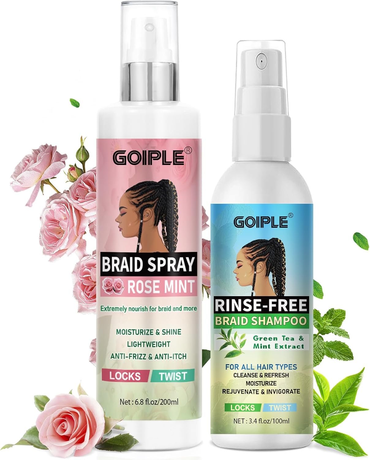 Spray Hydratant Réparateur à l'Eau de Rose & Shampoing sans Rinçage - Duo Nettoyant & Hydratant Instantané Contre Démangeaisons, Pellicules et Odeurs | Pour Cheveux Tressés, Locks