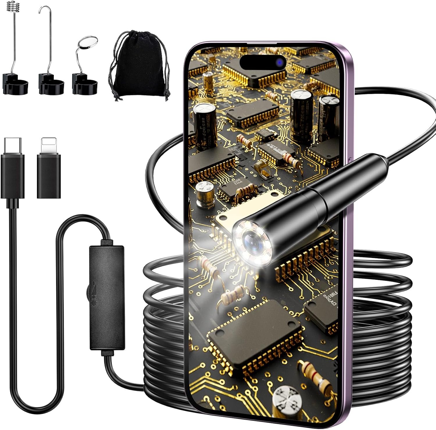 Camera Endoscopique avec Lumière - Sonde 8mm 1920 HD, 6 LEDs, Câble Semi-Rigide 5m IP67 - Camera Inspection Canalisation pour Android & iOS, Endoscope pour Réparation Auto, Plomberie, Maison