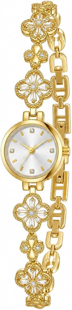 Montre vintage pour femme en acier inoxydable avec trèfle à quatre feuilles et diamants - Élégante et délicate - Cadeau de luxe