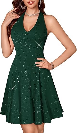 Robe de cocktail à paillettes avec col en V , Taille: L (Couleur: Vert Foncé)