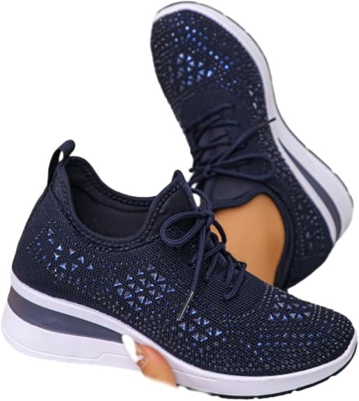 Baskets compensées respirantes à lacets avec strass et perles pour femme