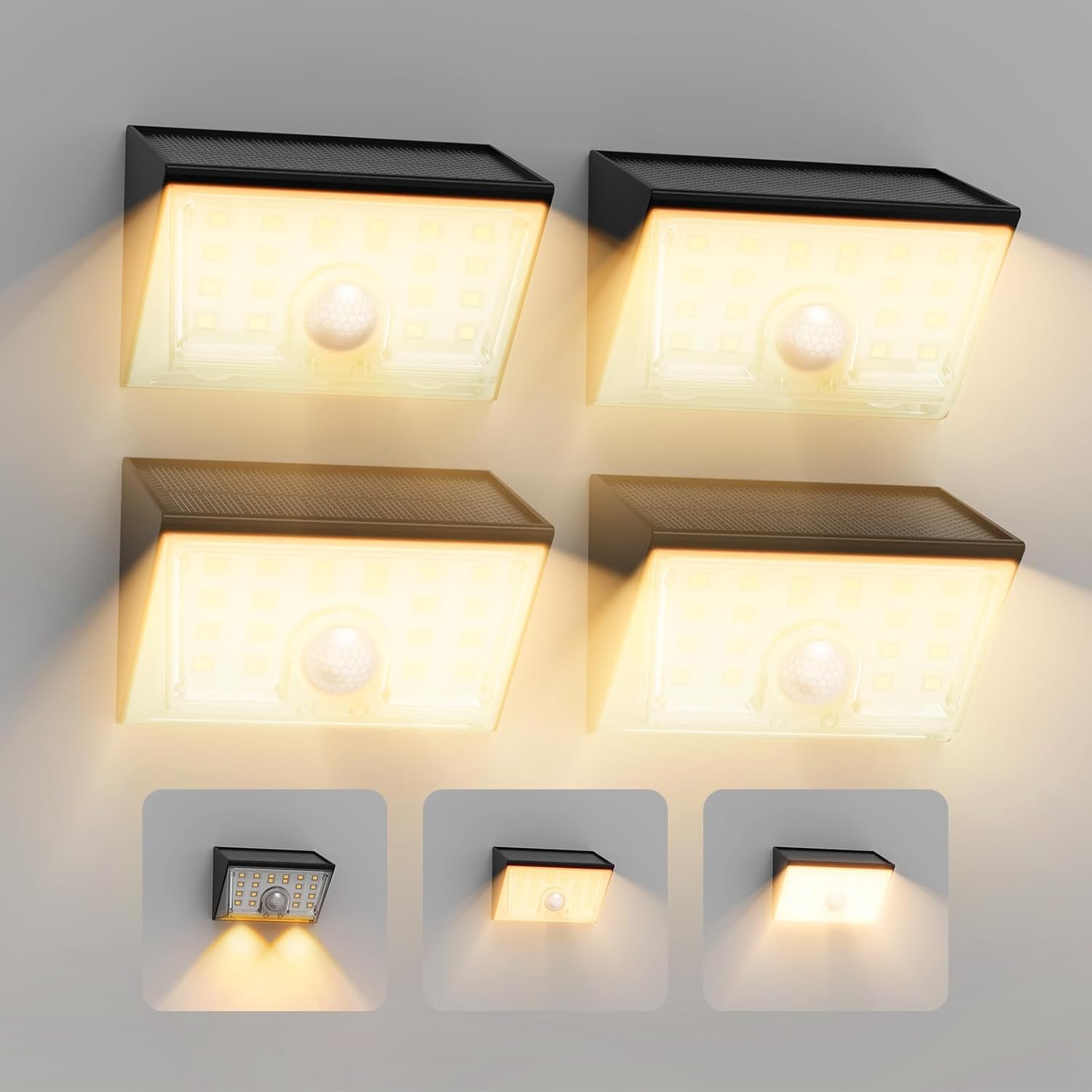 Lampe Solaire Extérieur, Lot de 4 Applique Solaire Exterieur avec Détecteur de Mouvement 4 Modes & Éclairage à 120° IP65 Étanche Spot Solaire Pour Jardin Clôture, Blanc Chaud