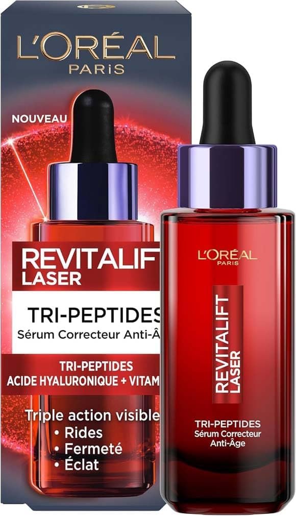 L'Oréal Paris - Sérum Correcteur Visage Anti-Âge - Soin Anti-Âge Triple Action - À l'Acide Hyaluronique, Peptides & Vitamine C - Tous Types de Peau - Revitalift Laser X3 - 30 ml