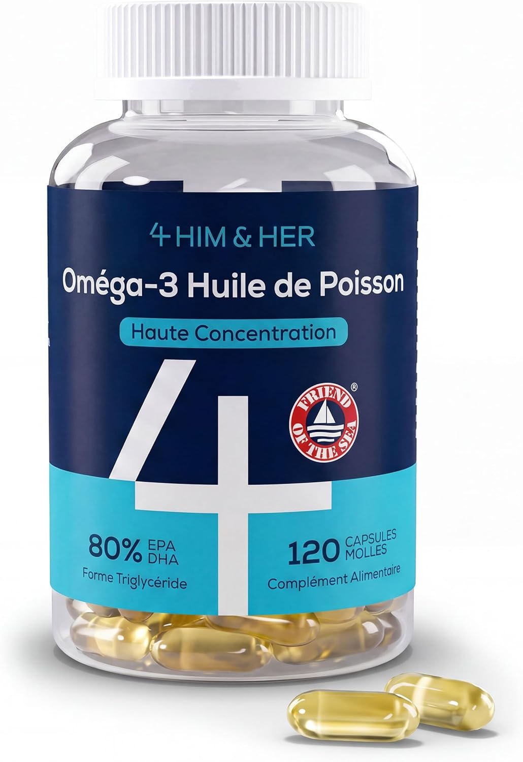 Omega 3 EPA et DHA 1668mg Huile de Poisson, 1334mg Oméga-3, 4 HIM & HER | 80% Concentré rTG, 668mg EPA et 500mg DHA, Sans Goût de Poisson, 120 Gélules, Cure 2 Mois, Testé en Laboratoire - Complement Alimentaire