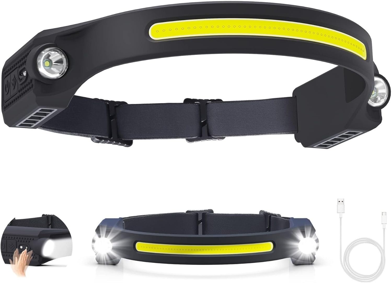 Lampe frontale LED avec capteur de mouvement, 6 modes, 260 ° grand angle, XPE Spotlight et projecteur COB, charge rapide USB-C, autonomie de la batterie de 7.5h