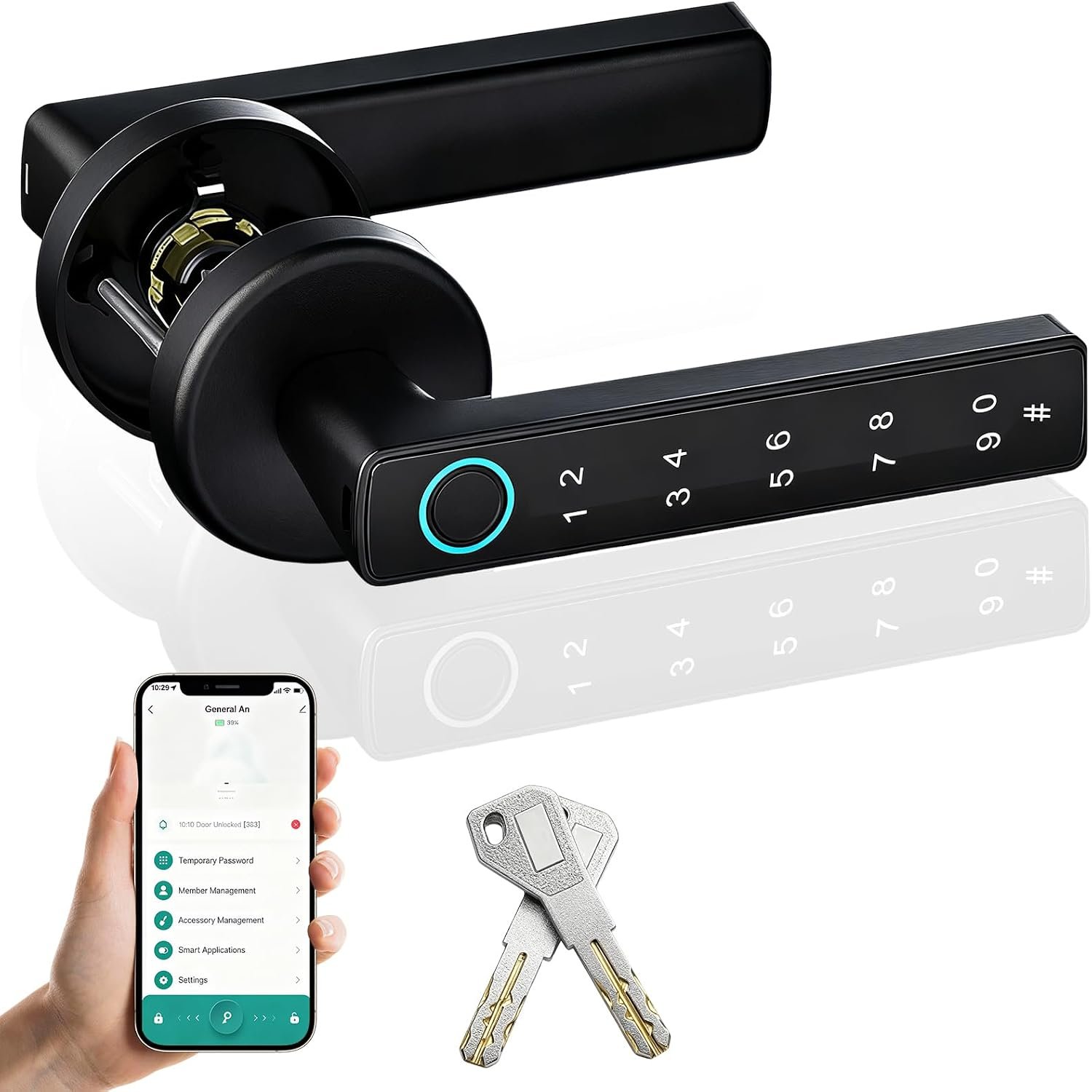 Serrures de Porte Intelligentes, Serrures de Porte à Empreinte Digitale Annonce Vocale, Déverrouillage via Application, Deux Clés, Idéale pour Chambre, Bureau, Hôtel