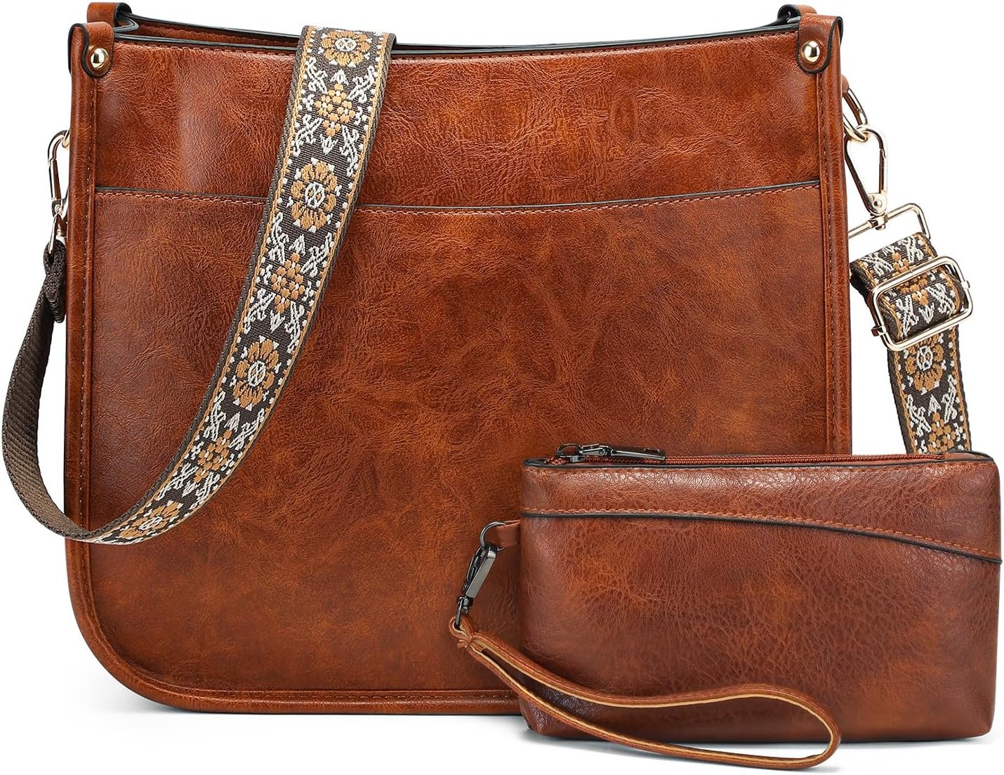 Sac Bandoulière Femme Cuir PU, Sac a Main Bandoulière Femme avec Large Sangle, Ensemble Sacs Portés Épaule Tendance et Portefeuille Hobo Crossbody Bag pour Voyage Quotidien Travail, Brun-2PCS