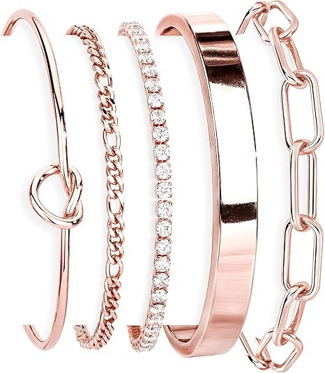 Gokeey Gold Bracelets Set pour les femmes Non Ternish, Waterproof 14K Gold Plated Sterling Silver Chunky Cuff Bracelet Bagles en or empilable Bracelet pour les femmes Trendy Fashion Accessoires Tie Knot Cuban Rope Paperclip Perlé Bracelet Piste Bijoux Fêt