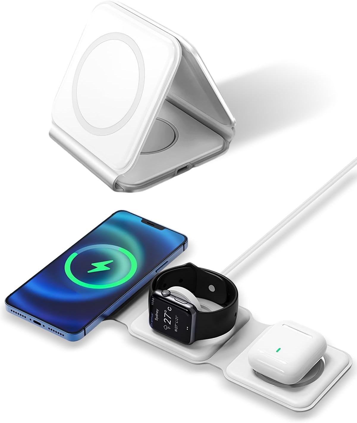 Chargeur Induction i-Phone 3 en 1, Station de Charge Rapide sans Fil pour iPhone 16/15/14/13/12, Apple Watch 10/9/8/7/6/SE et AirPods, Chargeur Portable Sécurisé et Pliable