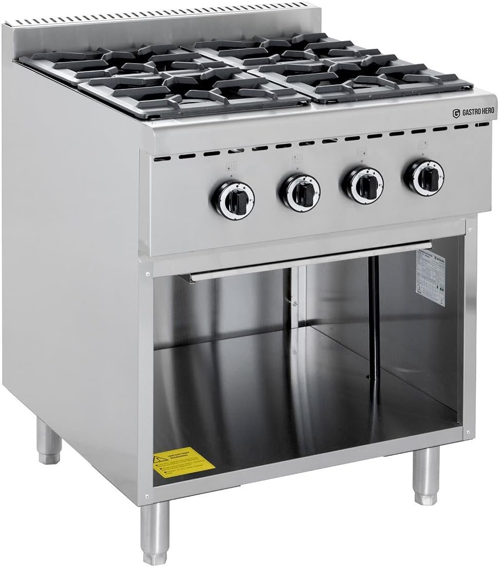 GHBO4B Cuisinière à gaz écologique avec 4 feux, base ouverte, 28,8 kW, cuisinière à gaz gastronomique, sécurité thermocouple, convient pour gaz naturel et propane