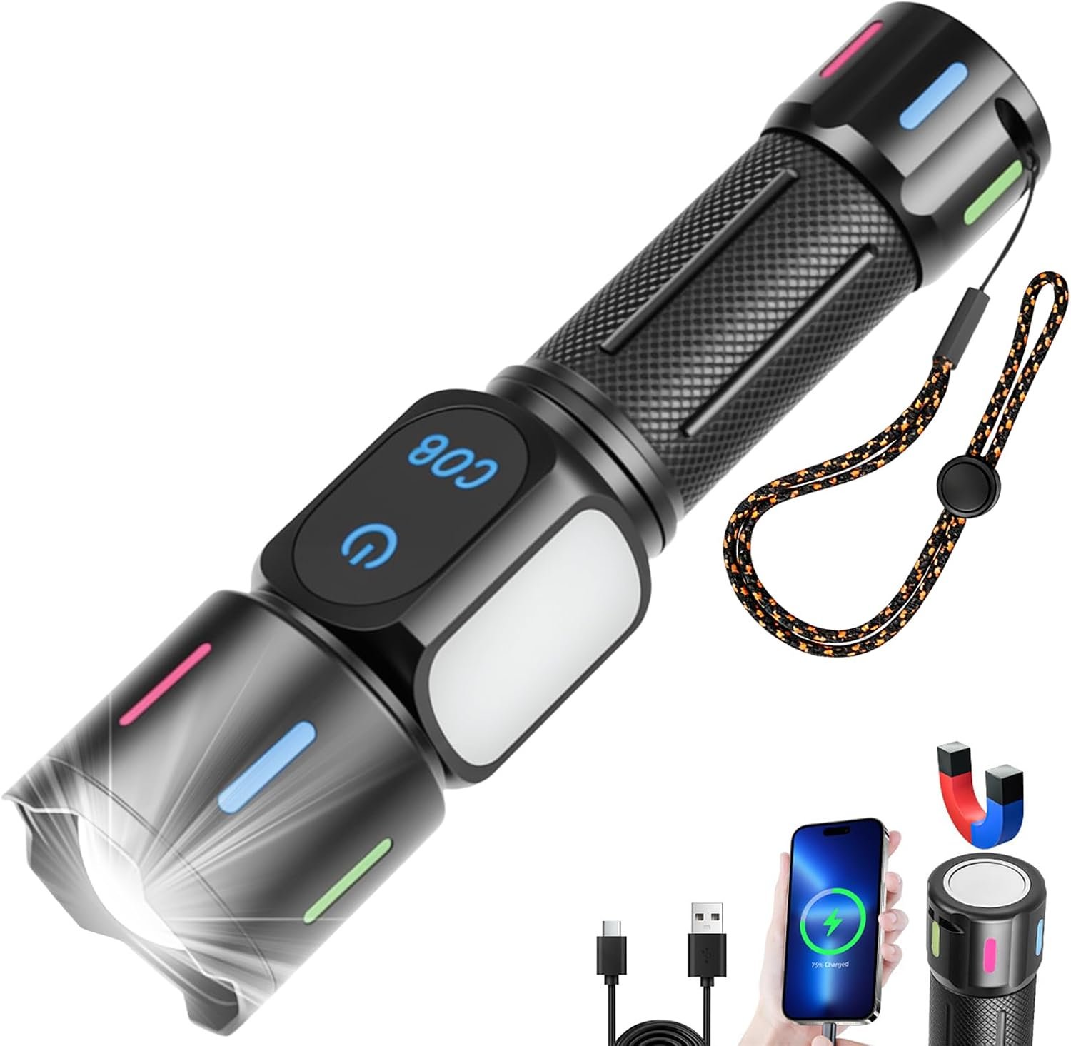 Lampe Torche LED Rechargeable, 1500LM Lampe de Poche Puissante [Classe énergétique A] Lampe Tactique avec Lumière Latérale COB et base Magnétique, 5 Modes & Zoomable pour Camping, Urgence (Piles Non Incluses)