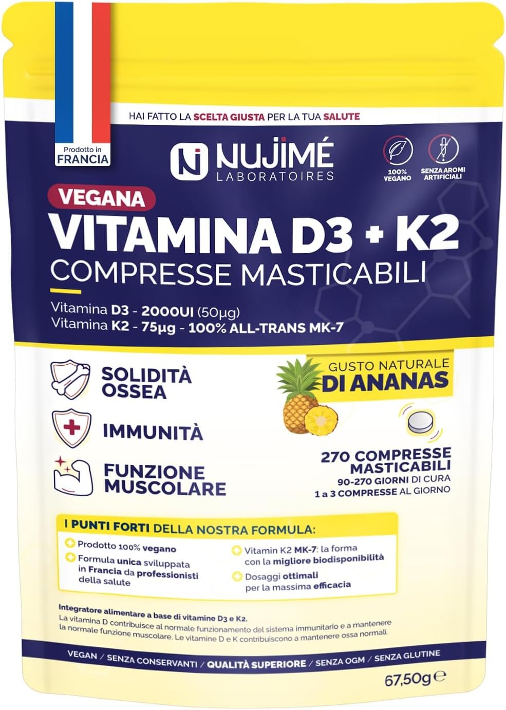 Vitamine D3 (2000UI) + K2 (all-trans MK7, 75µg) | 100% VEGAN | Solidité Osseuse, Muscles, Immunité | Arôme naturel d’ananas | Fabriqué en France (270 comprimés | +6 mois)
