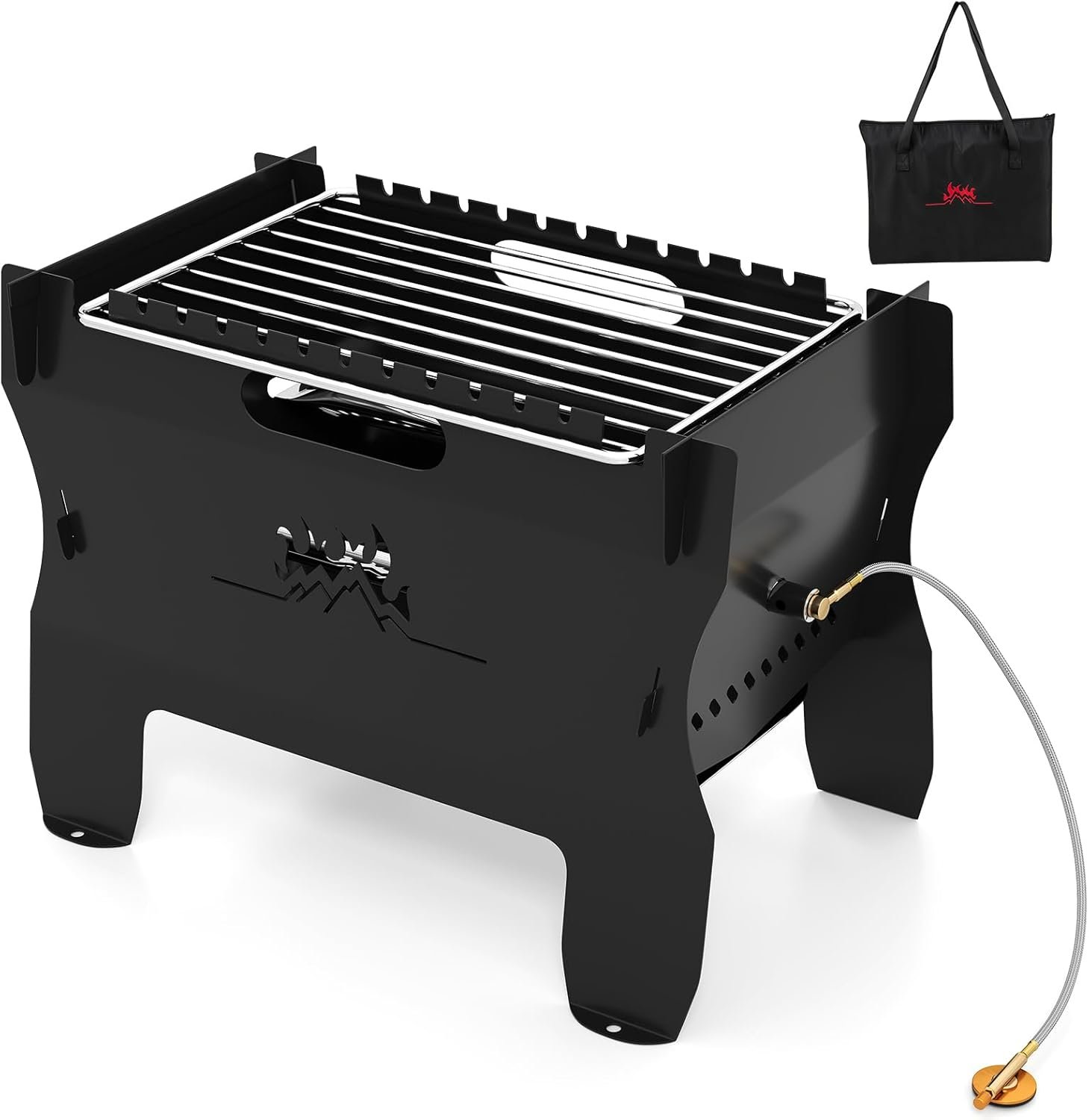 Barbecue à Gaz 2 en 1 avec Sac de Transport, Fourneau à Charbon, Gaz, Bois, Granulés, Grille de Barbecue en Acier inoxydable, pour Camping, Fêtes, Pique-nique, 38 x 22 x 27 cm, noir