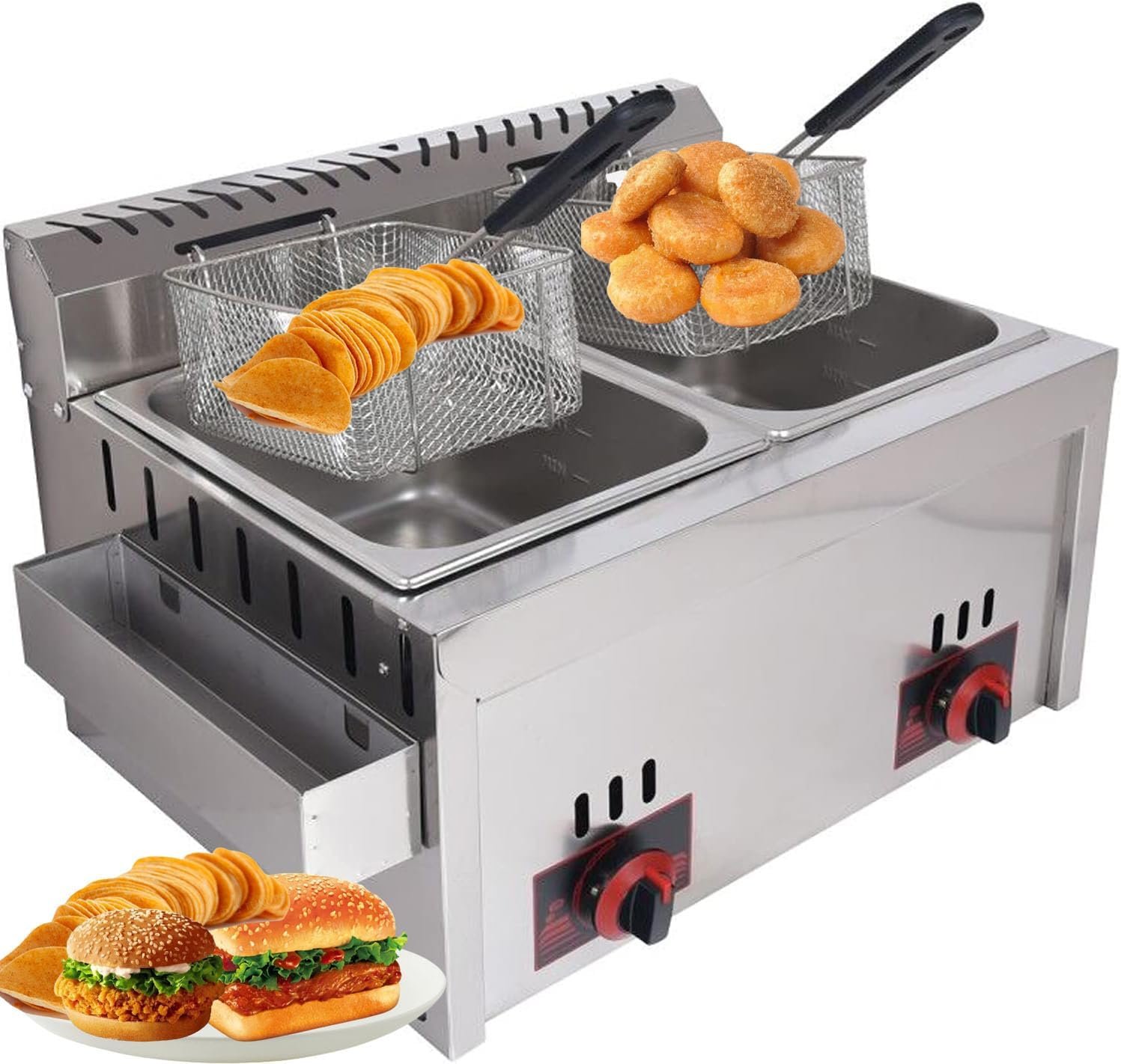 Friteuse à gaz Butane Propane, allumage Automatique et assaisonnement pulsé, Acier Inoxydable avec Panier et Couvercle Anti-éclaboussures pour Usage Commercial
