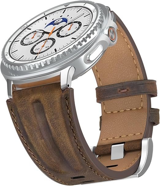 Bracelet en cuir véritable pleine fleur compatible avec Samsung Galaxy Watch 8 (40 mm, 44 mm/classique) 46 mm, large bracelet de connecteur en métal robuste pour homme et femme, pour Galaxy