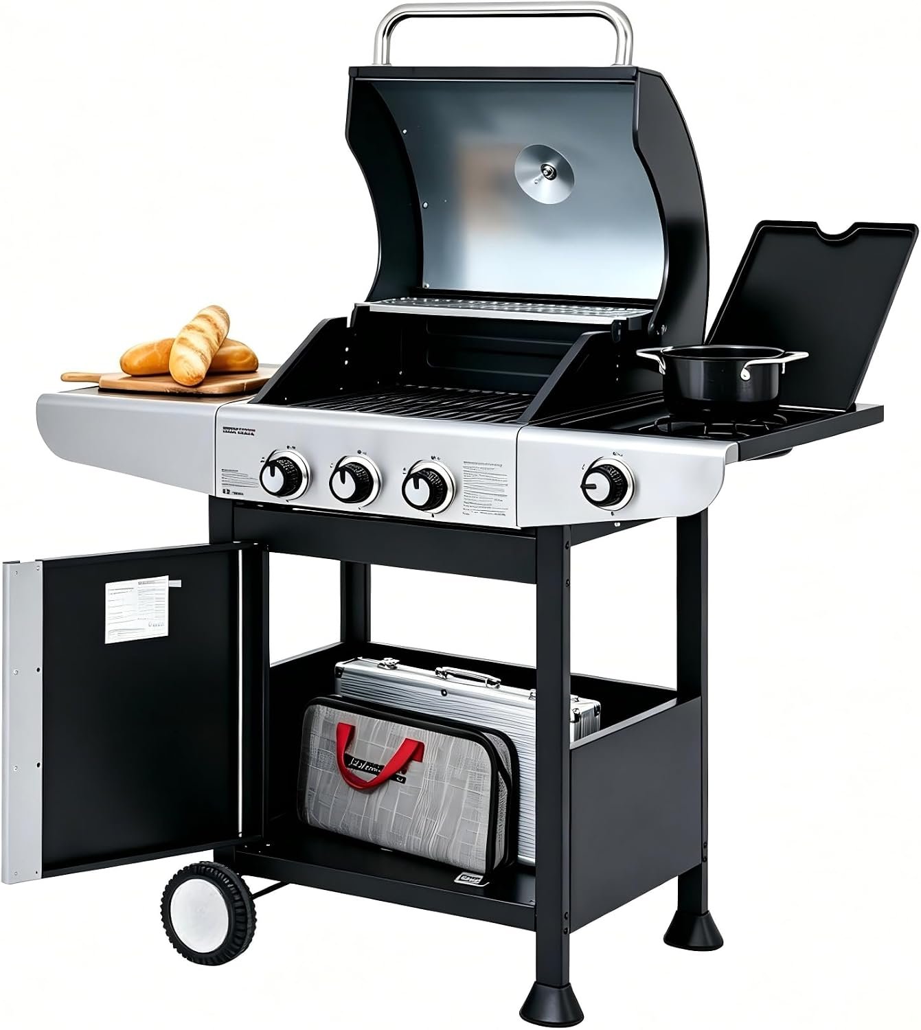 Barbecue Gaz à 3 Brûleurs avec Brûleur Latéral, Gril à Gaz sur Chariot de Puissance 11,5 KW avec 2 Grille en Fonte et 2 Tables d’Appoint, Adapté pour Jardin et Extérieure, Argent