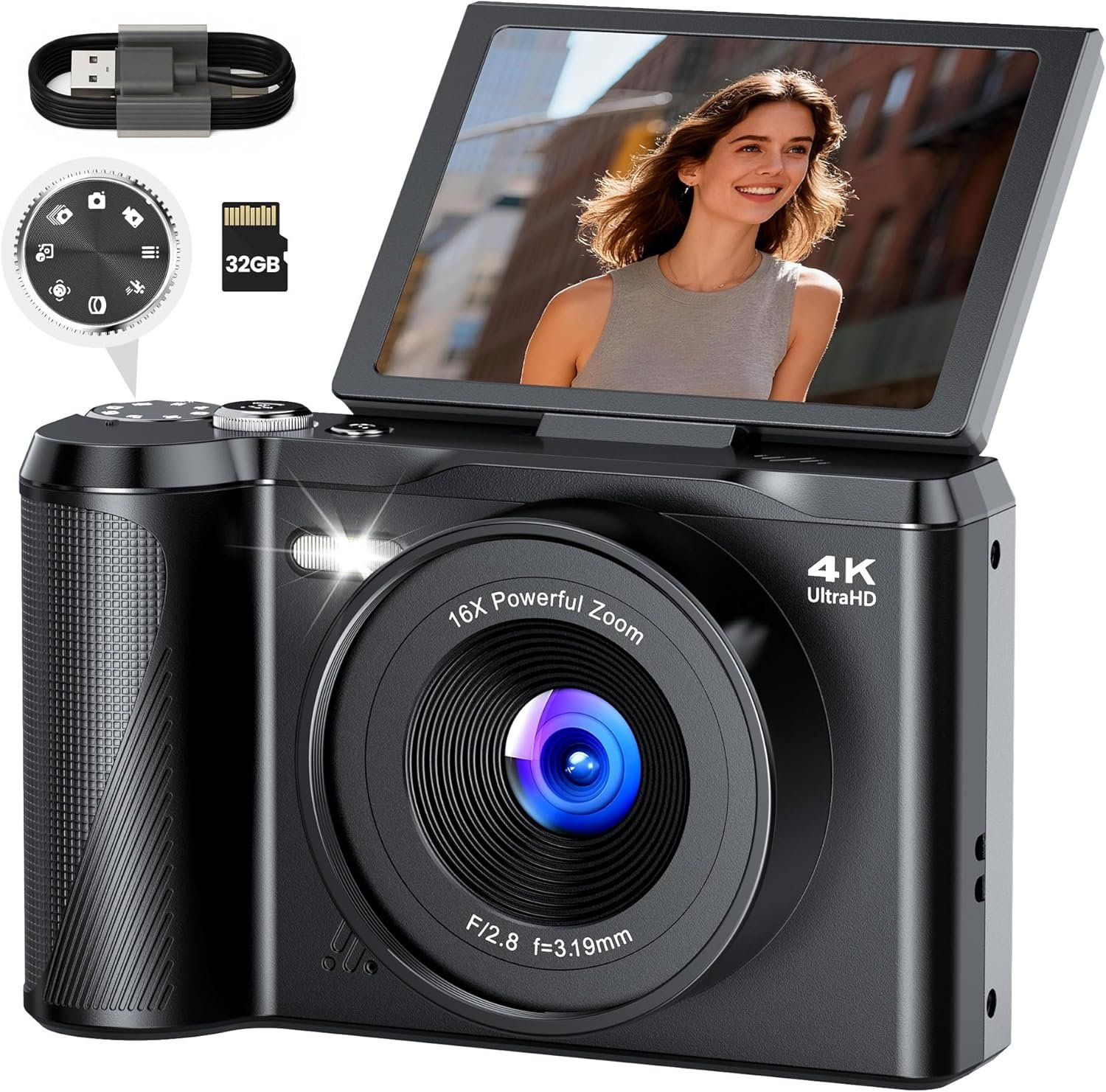 Appareil Photo Numérique 4K Digital: 56MP Appareils Numérique avec molette de Mode Écran Rabattable 180° - Camera pour Vlog avec Carte 32GB