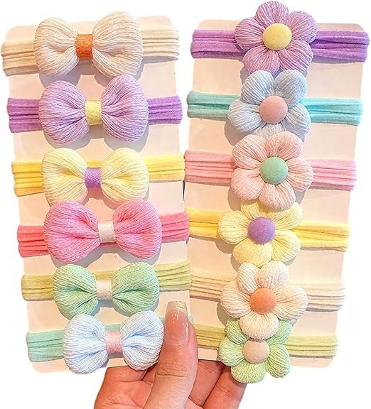 Set de 12 Pièces d'Élastiques à Cheveux, avec Fleurs et Nœuds, Adapté pour Jeunes Filles et Tout-Petits (6 Couleurs différentes)