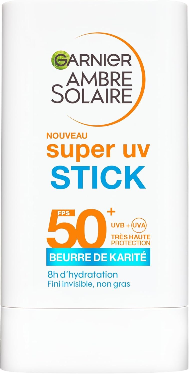 Ambre Solaire - Super UV Stick SPF 50+ Visage et Zones Sensibles - Protection Solaire Invisible - Hydrate et Protège la Peau des UV - Fini Non Gras - Tous Types de Peaux - 18GR