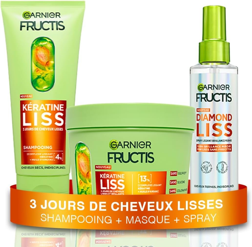 Fructis Kératine Liss Routine 3 Produits Cheveux Lisses & Brillants