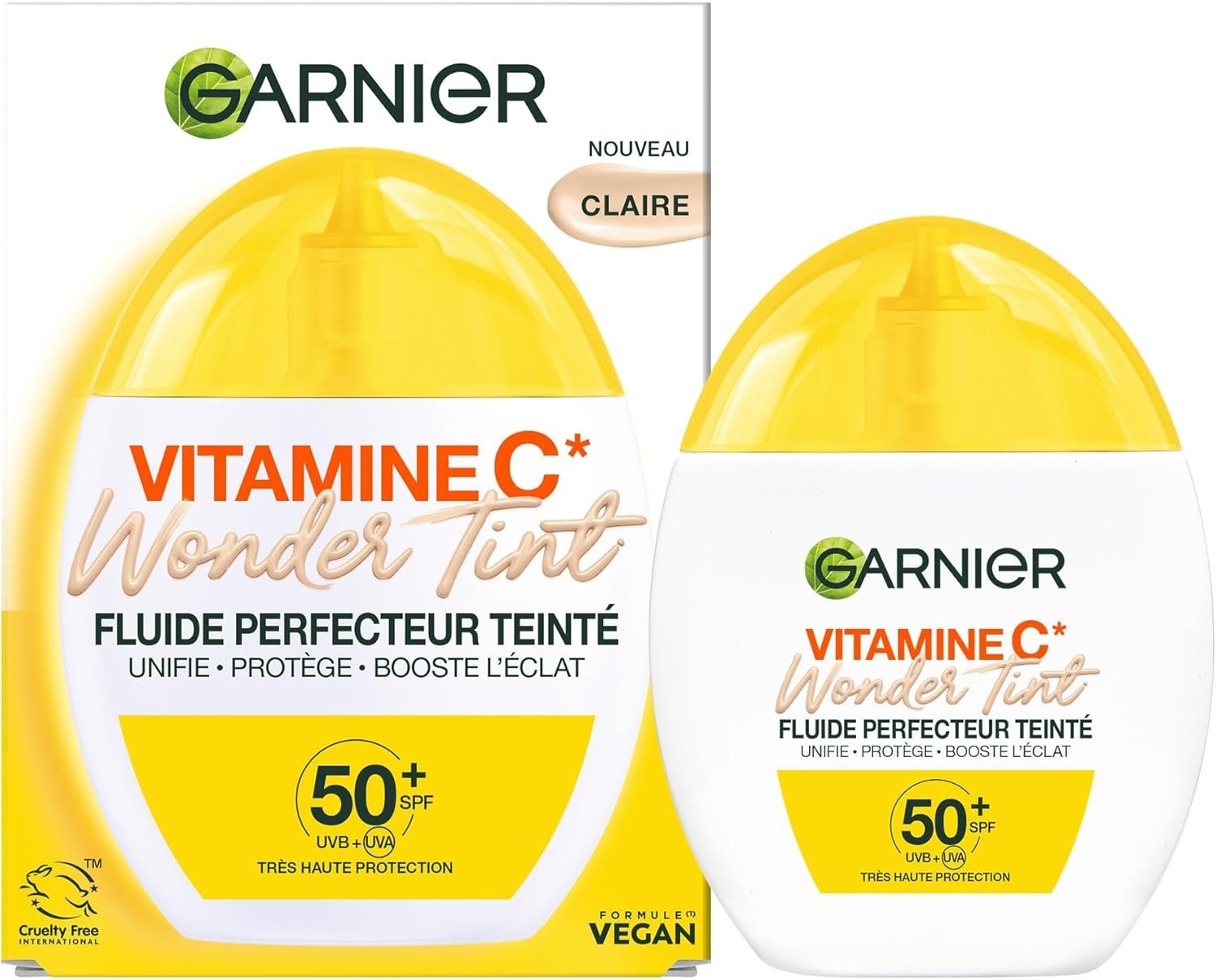 GARNIER - SkinActive Vitamine C - Fluide Perfecteur Teinté Wonder Tint SPF50+ - Soin Teinté Visage Protecteur - Unifie, Hydrate & Réduit les Taches Brunes - Tous Types de Peaux - Teinte Claire - 40 ml