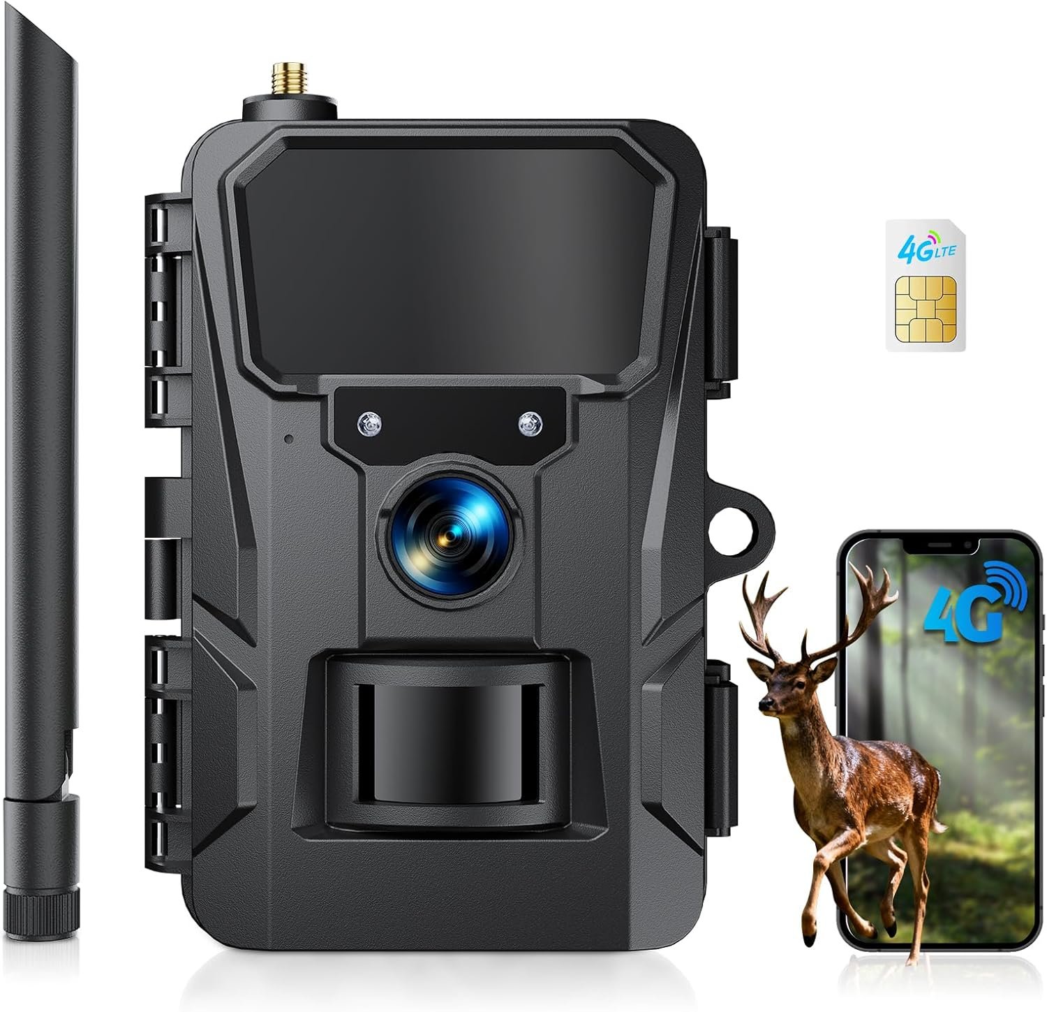 Caméra de Chasse 4G, 48 MP 2K HD Caméra Chasse avec Détection de Mouvement, Vision Nocturne, Déclenchement 0,2 s, IP66 Étanche pour l'observation des Animaux Noir