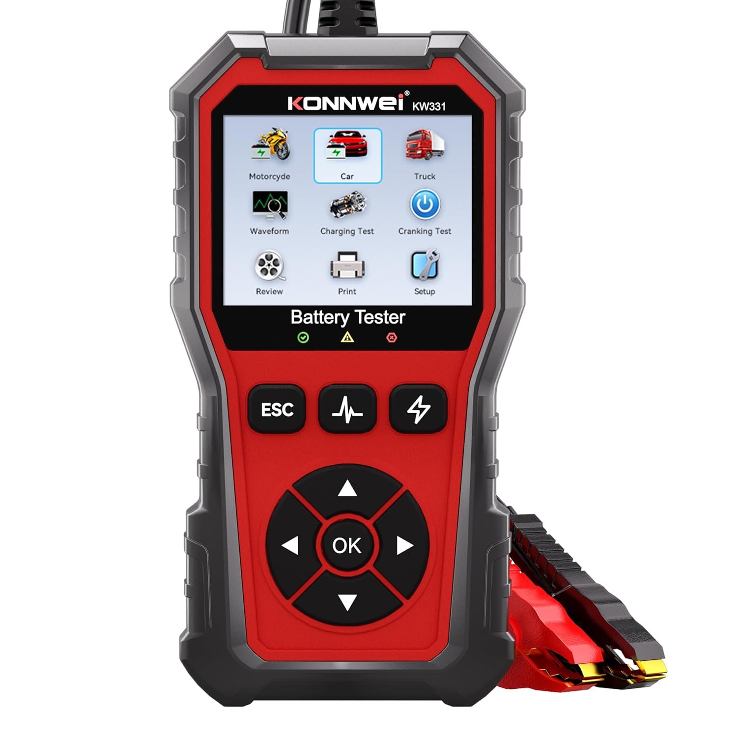 Analyseur numérique de batterie KW331 avec impression via le cloud, compatible avec les batteries de 6 V, 12 V et 24 V (10 à 2 000 CCA), AGM, lithium et gel. Permet de tester l’état de la batterie, l’alternateur et les systèmes de démarrage et de charge d