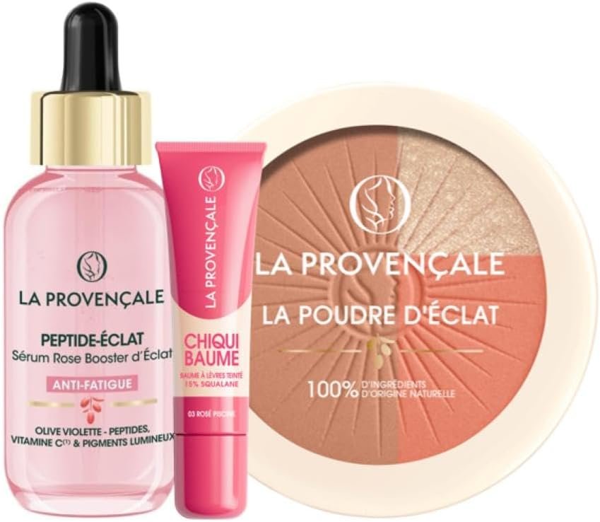 La Provençale - Trio Anti-Fatigue : Sérum Peptide-Éclat, Poudre de Soleil 3-en-1 & Chiqui Baume à Lèvres - Routine Éclat Visage & Lèvres - Enrichi en Olive & Peptides - 30ml, 8g & 10ml