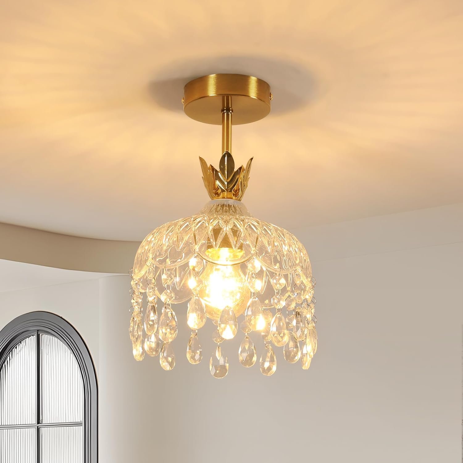 Plafonnier Doré en Cristal, Lustre Couloir Moderne E27